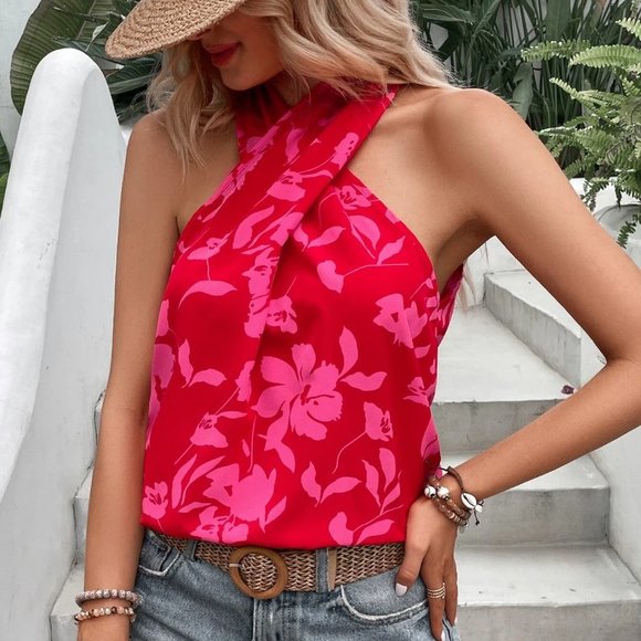 Red Boho Womens Floral Print Criss Cross Halter Neck Blouse - Picture 5 of 5